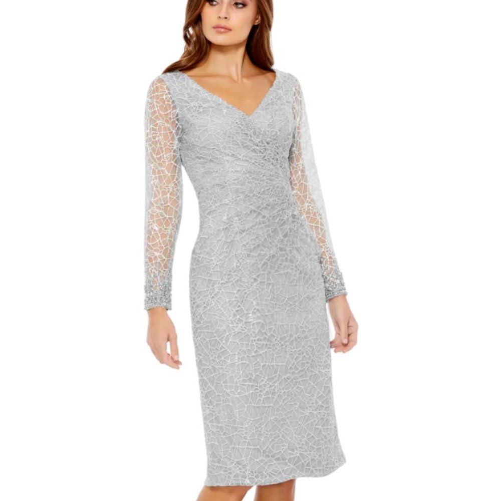 MAC DUGGAL V-NECK EMBROIDERED SURPLICE PLATINUM MIDI DRESS sz 6